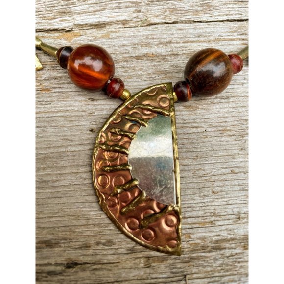 Vintage Bakelite Beaded Necklace Brutalist Brass copper Half Medallions - Picture 8 of 13